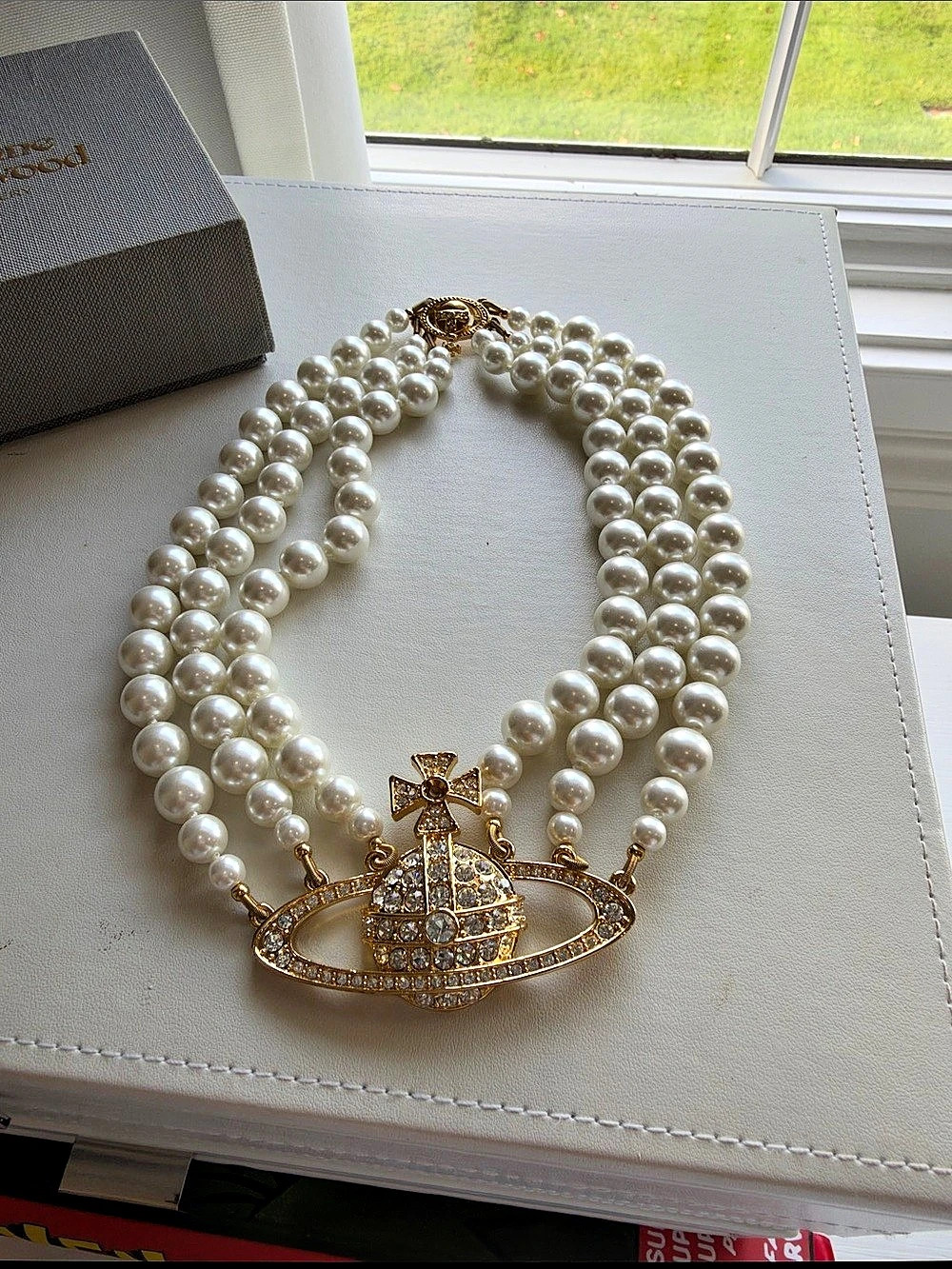 Vivienne Westwood Three Row Pearl Bas Relief Choker Pearl Orb Pendant Necklace